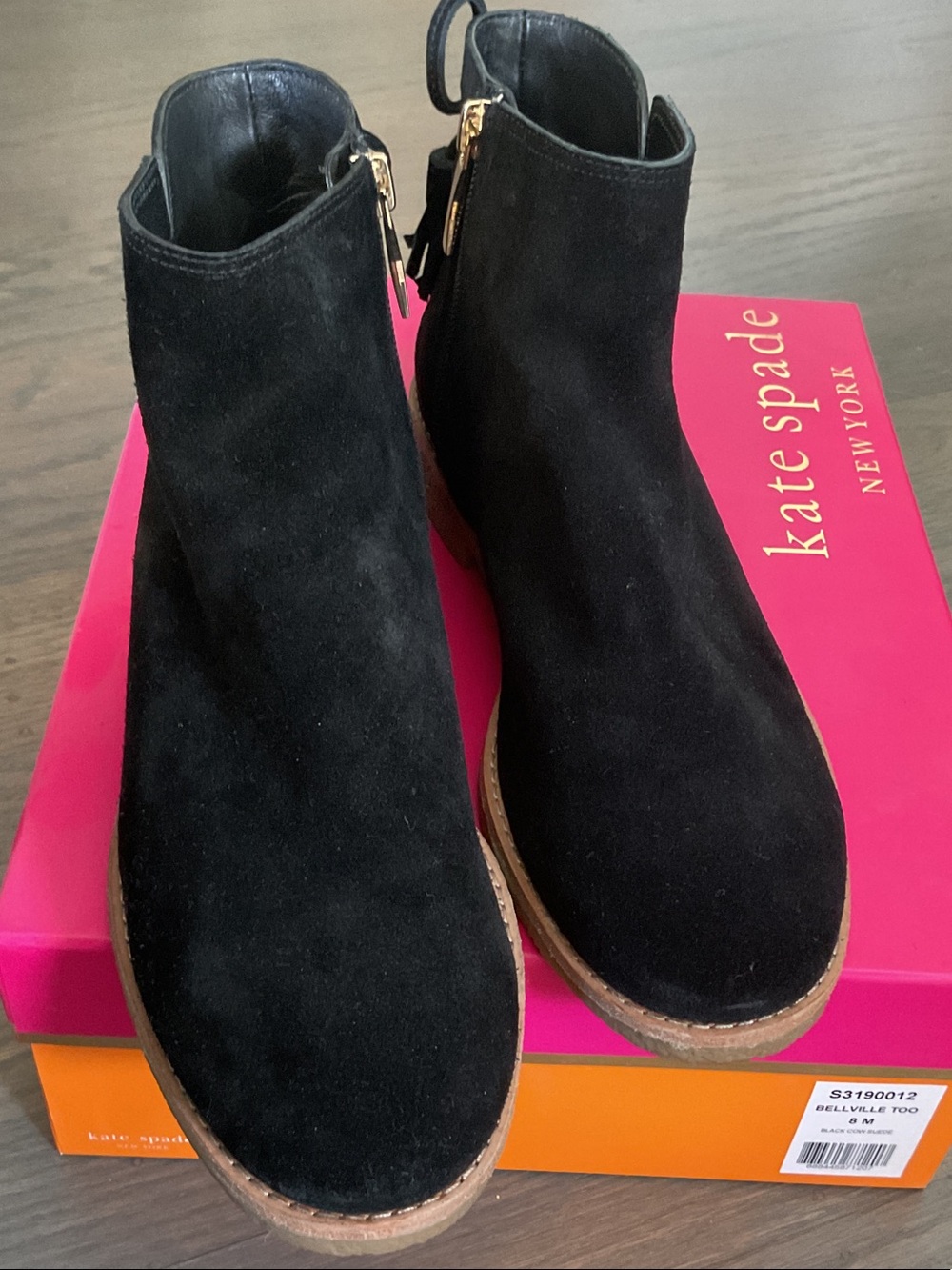 kate spade Black Suede Ankle Booties with Gold Zipper Accent
